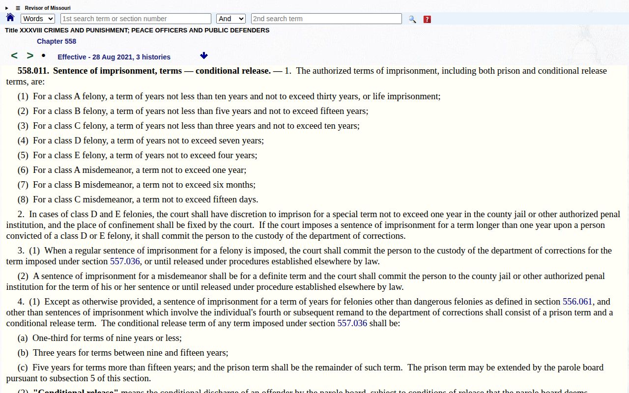 Missouri conditional release sentence structure for Crawford County projected release dates
